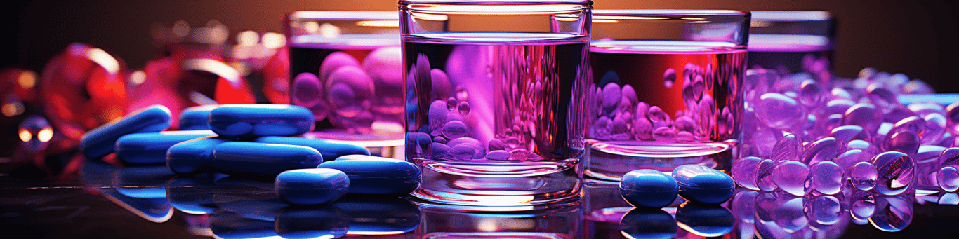 image of drug pills surrounding a glass of water symbolizing drug consumption