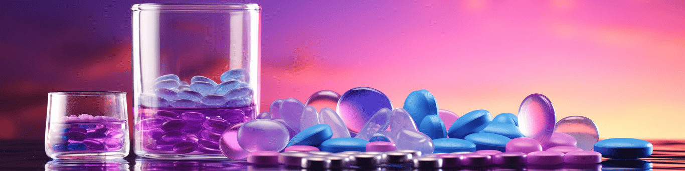 image of drug pills surrounding a glass of water symbolizing drug consumption