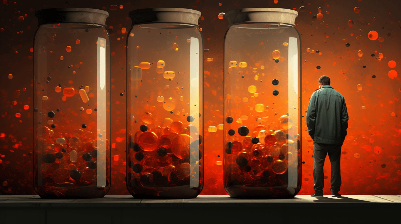 abstract image of a researcher studying a bottle of drug.