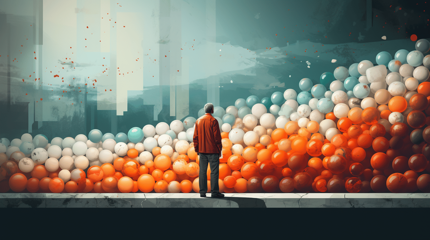 abstract image of a researcher studying a bottle of drug.