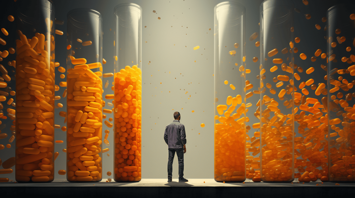 abstract image of a researcher studying a bottle of drug.