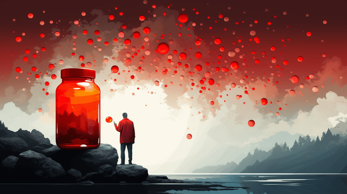 abstract image of a researcher studying a bottle of drug.