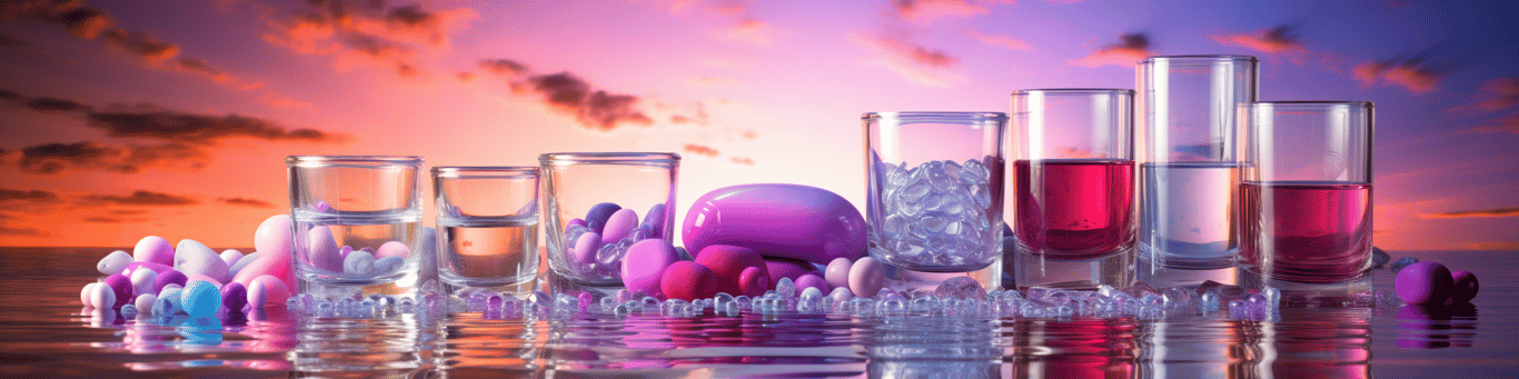 image of drug pills surrounding a glass of water symbolizing drug consumption
