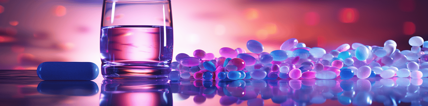 image of drug pills surrounding a glass of water symbolizing drug consumption