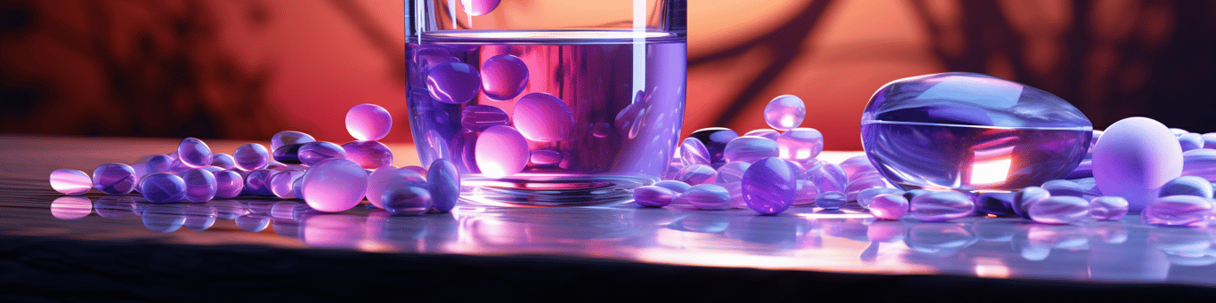 image of drug pills surrounding a glass of water symbolizing drug consumption