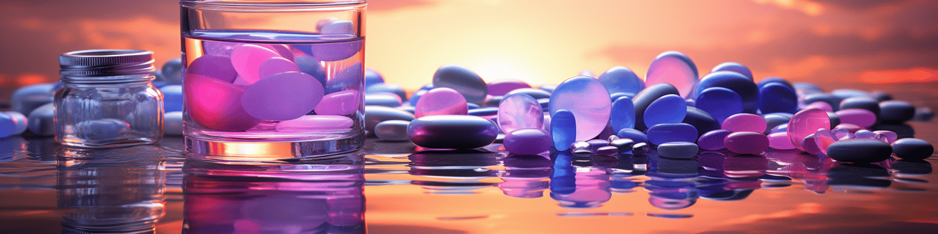 image of drug pills surrounding a glass of water symbolizing drug consumption