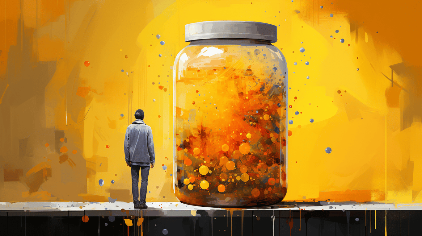 abstract image of a researcher studying a bottle of drug.