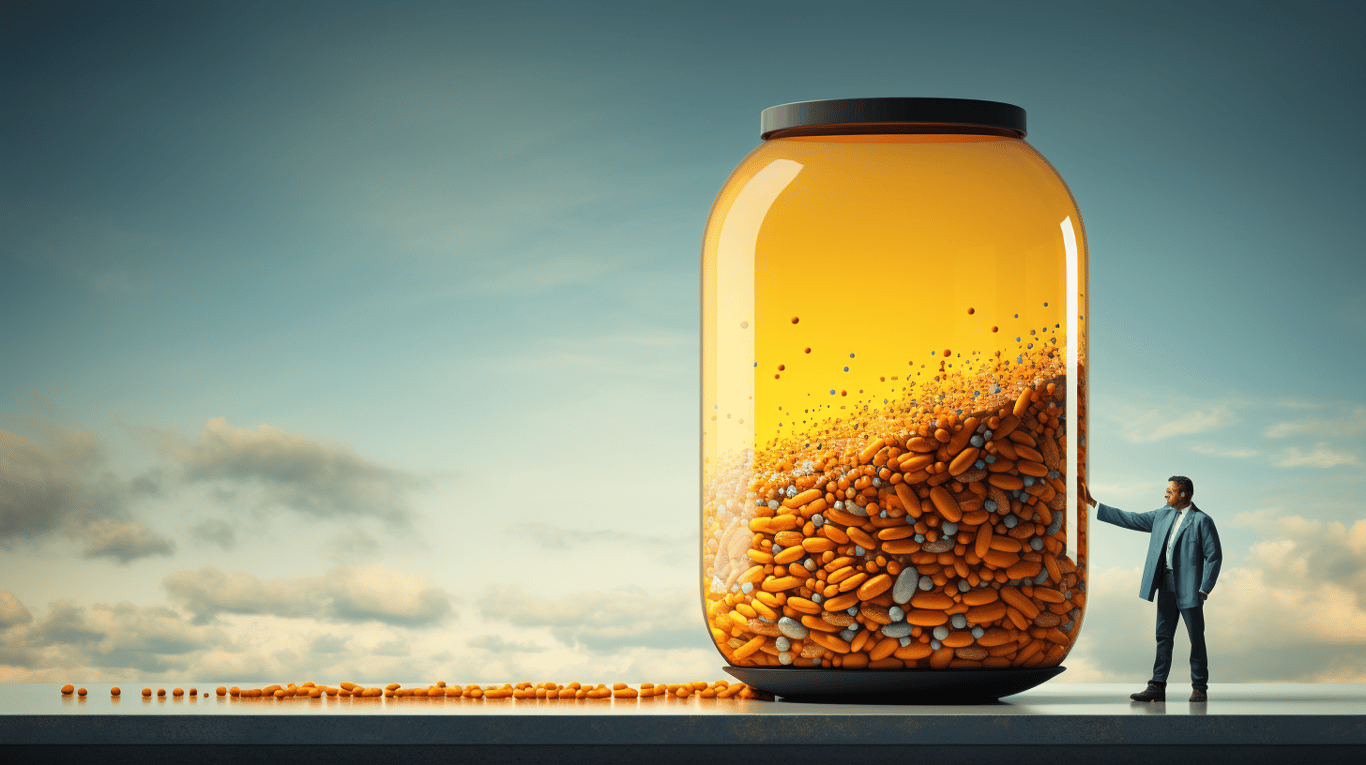 abstract image of a researcher studying a bottle of drug.