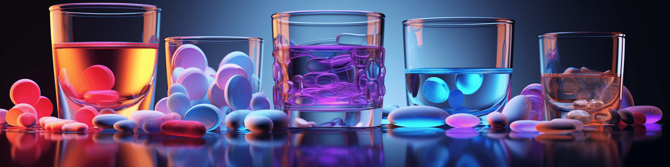 image of drug pills surrounding a glass of water symbolizing drug consumption