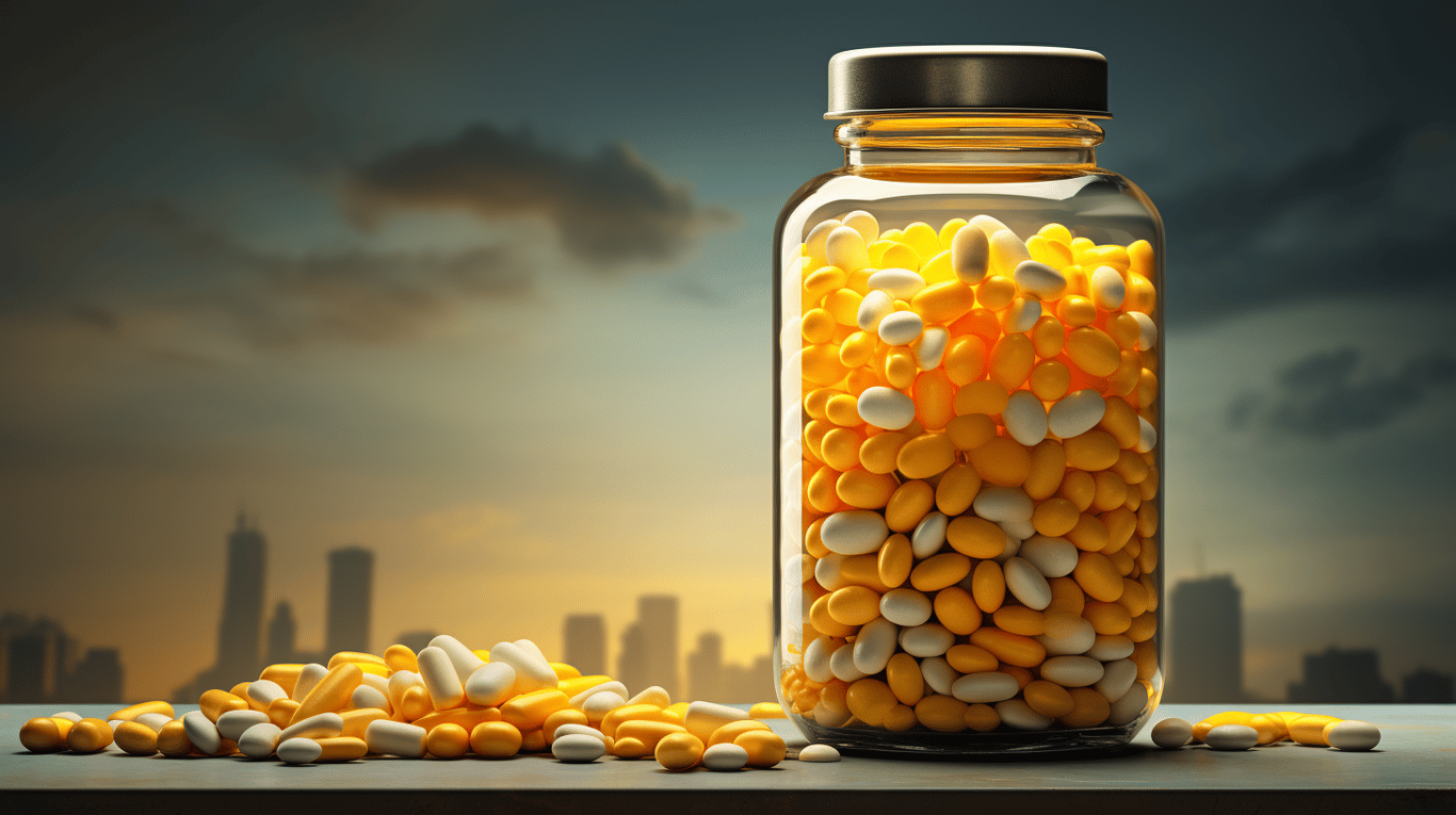 abstract image of a researcher studying a bottle of drug.