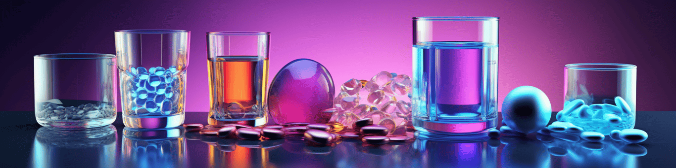 image of drug pills surrounding a glass of water symbolizing drug consumption