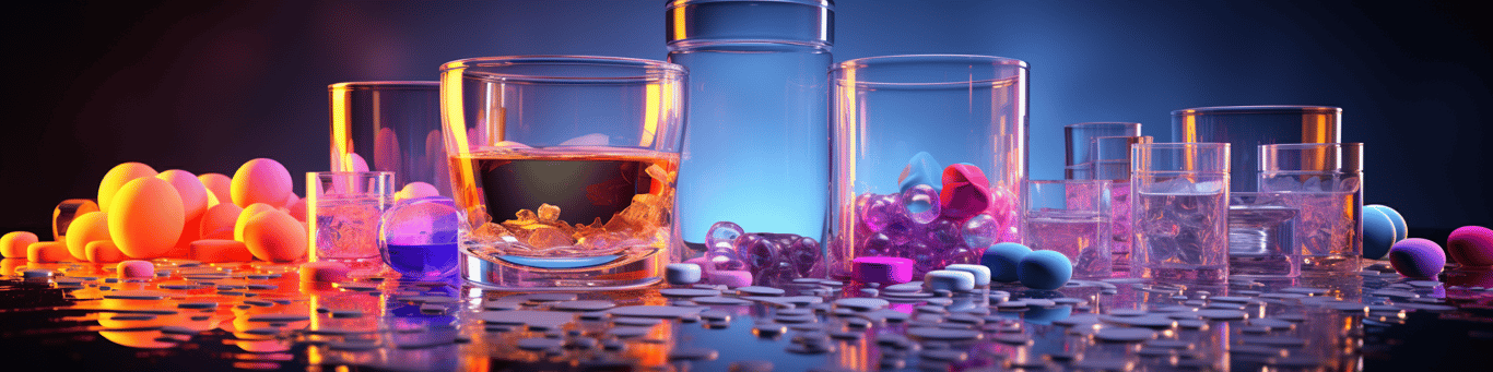 image of drug pills surrounding a glass of water symbolizing drug consumption