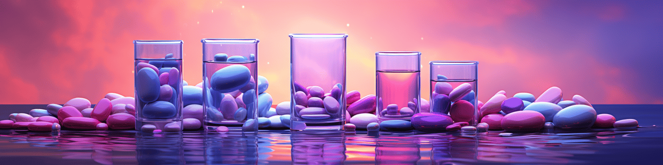 image of drug pills surrounding a glass of water symbolizing drug consumption