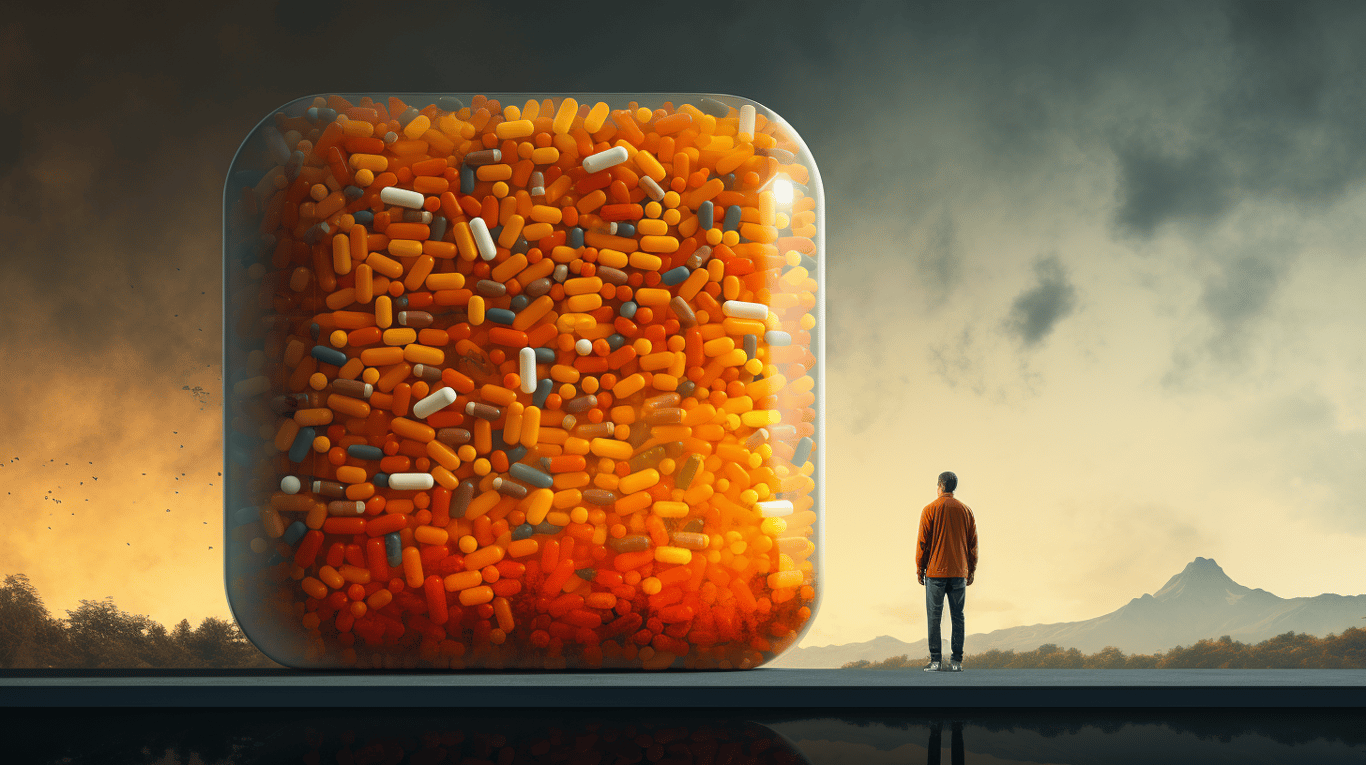 abstract image of a researcher studying a bottle of drug.