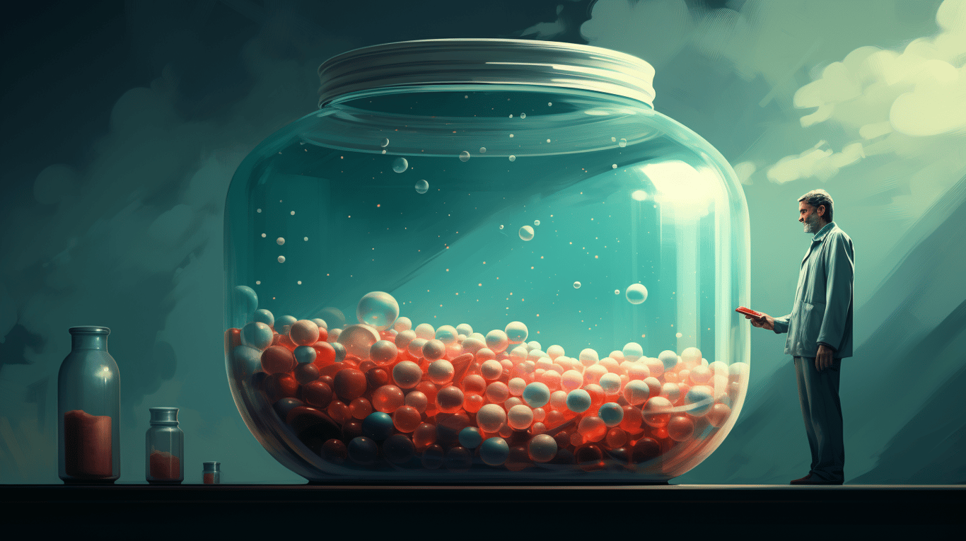 abstract image of a researcher studying a bottle of drug.