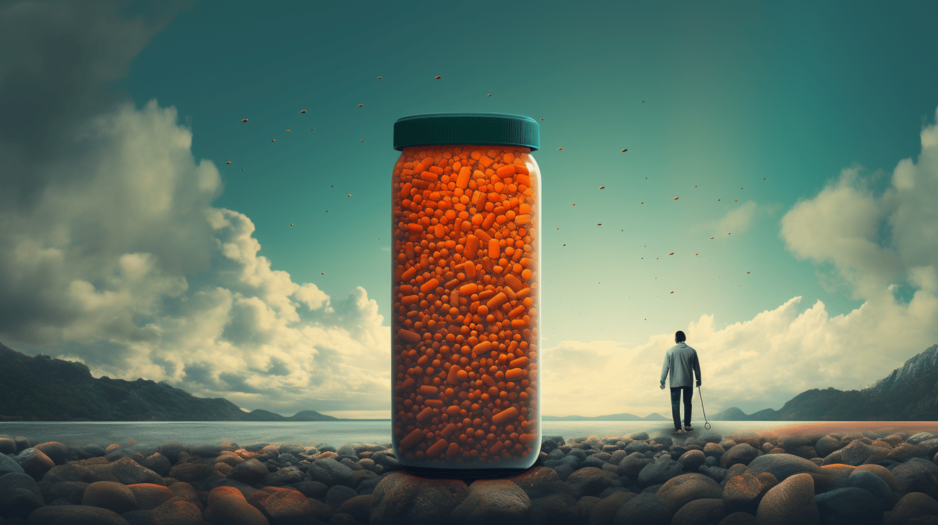 abstract image of a researcher studying a bottle of drug.