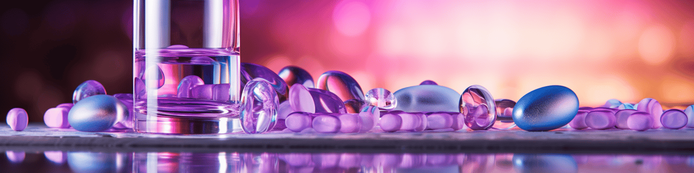 image of drug pills surrounding a glass of water symbolizing drug consumption
