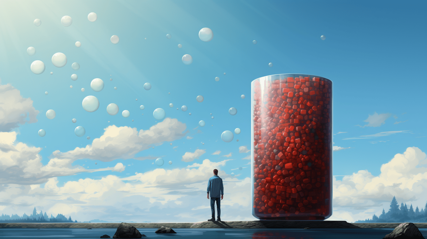 abstract image of a researcher studying a bottle of drug.