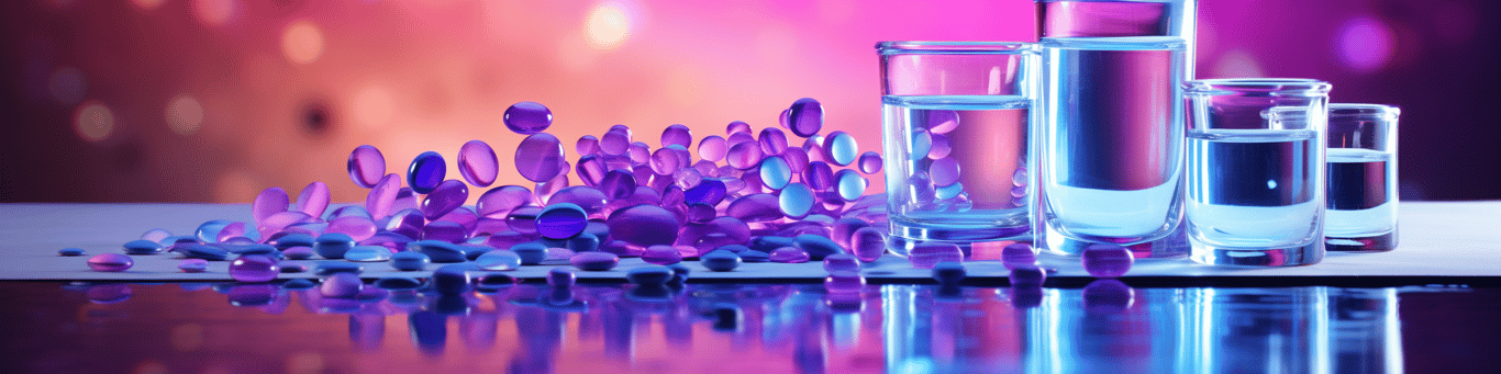 image of drug pills surrounding a glass of water symbolizing drug consumption