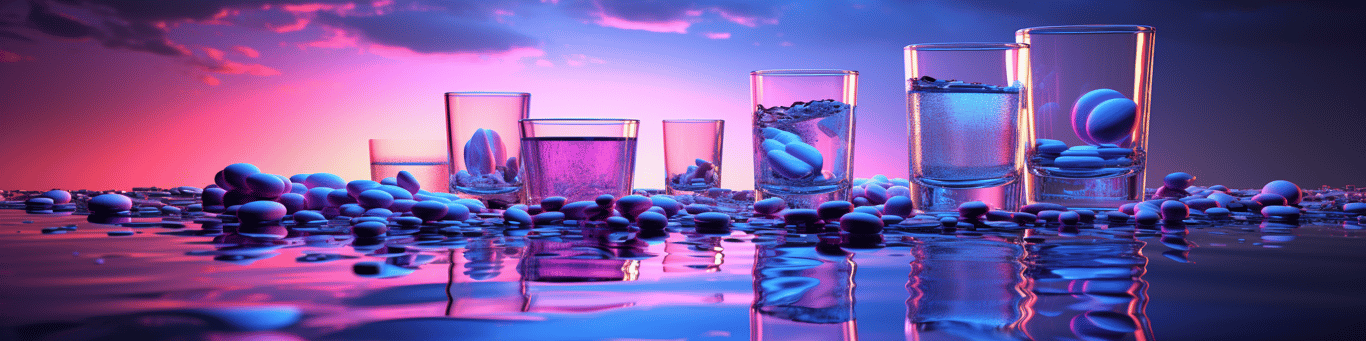 image of drug pills surrounding a glass of water symbolizing drug consumption