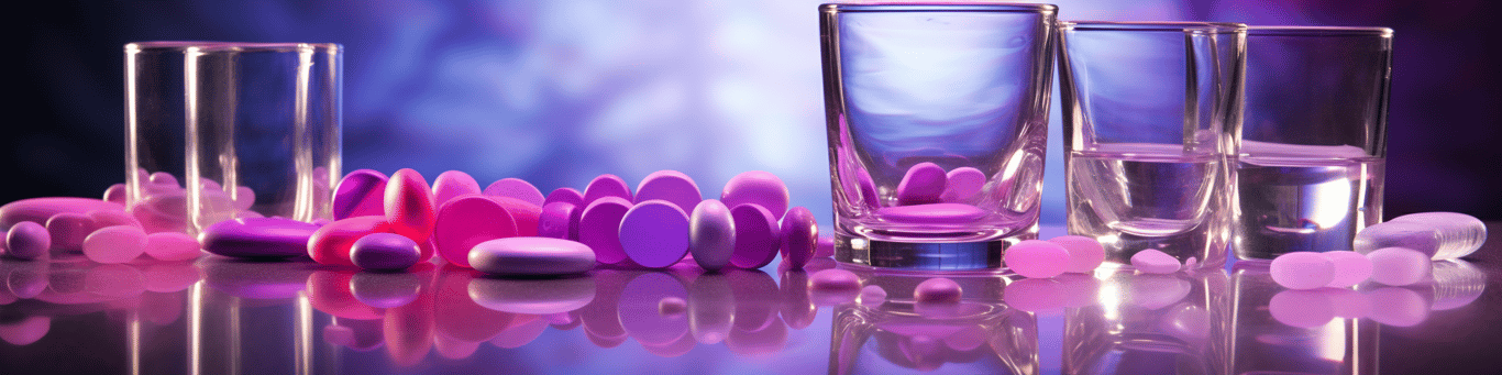 image of drug pills surrounding a glass of water symbolizing drug consumption