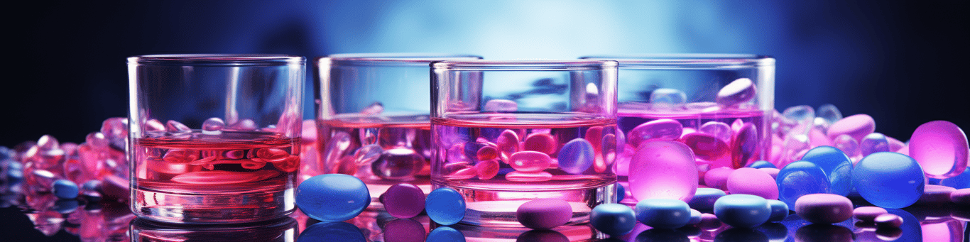 image of drug pills surrounding a glass of water symbolizing drug consumption