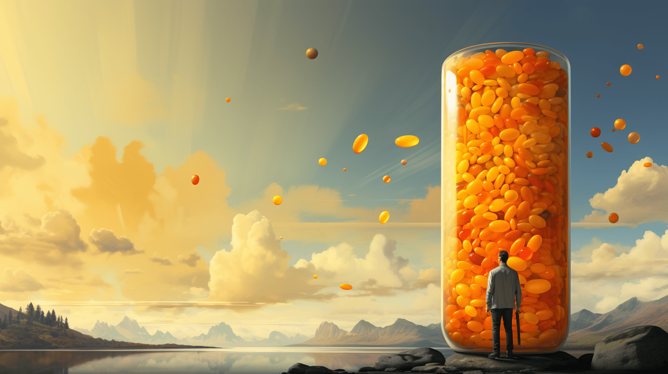 abstract image of a researcher studying a bottle of drug.