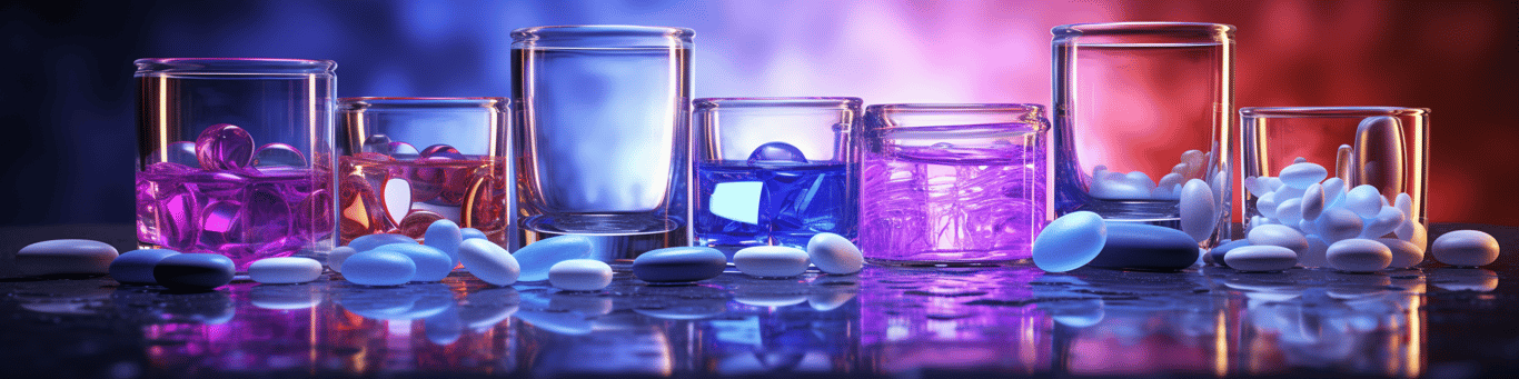 image of drug pills surrounding a glass of water symbolizing drug consumption