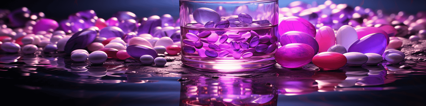 image of drug pills surrounding a glass of water symbolizing drug consumption