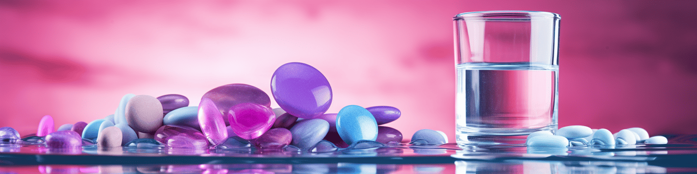 image of drug pills surrounding a glass of water symbolizing drug consumption