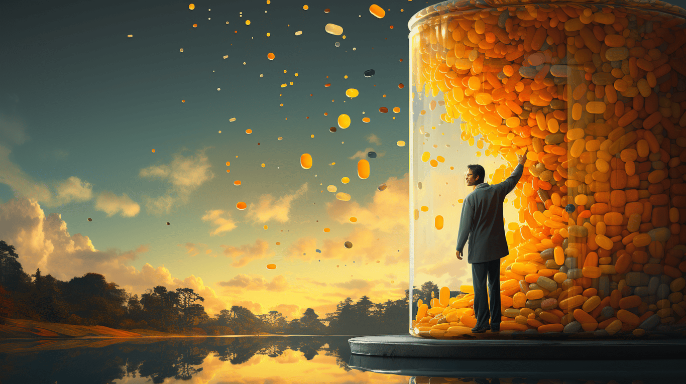 abstract image of a researcher studying a bottle of drug.