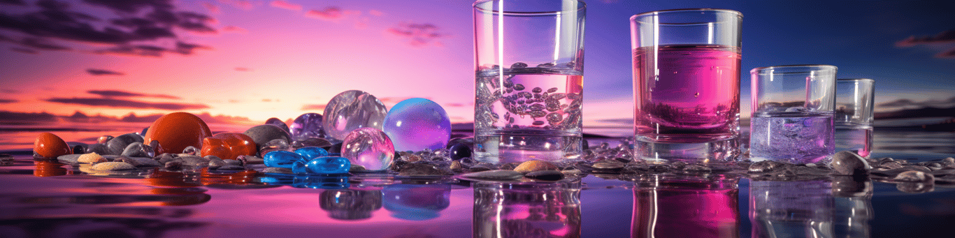 image of drug pills surrounding a glass of water symbolizing drug consumption