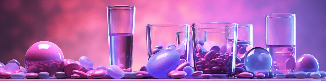 image of drug pills surrounding a glass of water symbolizing drug consumption