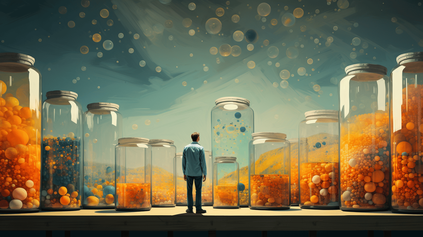 abstract image of a researcher studying a bottle of drug.