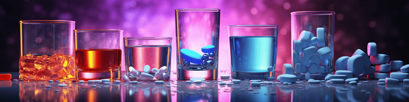 image of drug pills surrounding a glass of water symbolizing drug consumption