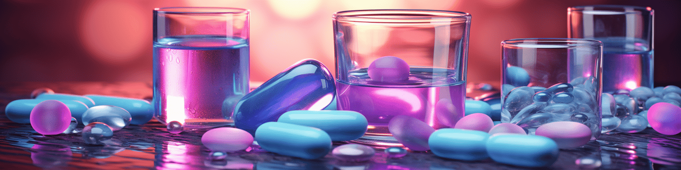 image of drug pills surrounding a glass of water symbolizing drug consumption