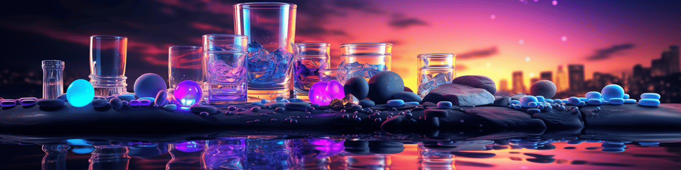 image of drug pills surrounding a glass of water symbolizing drug consumption