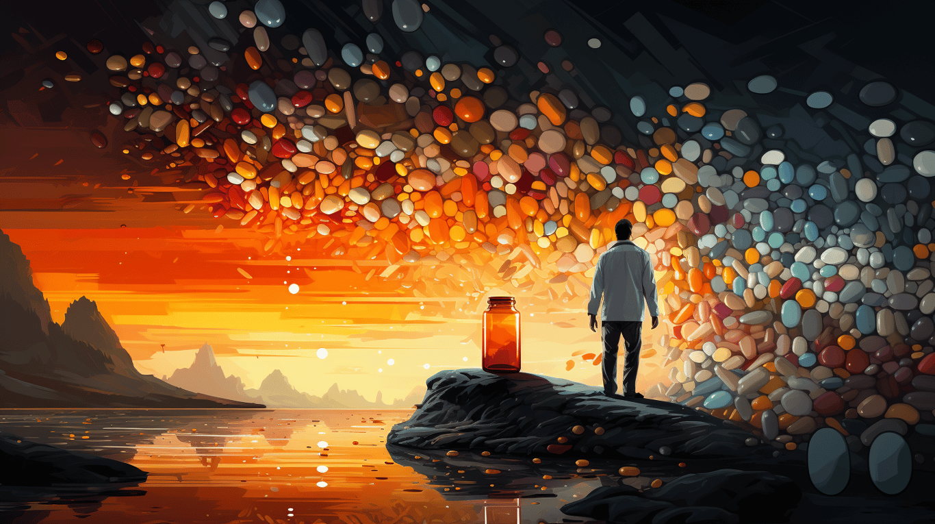 abstract image of a researcher studying a bottle of drug.