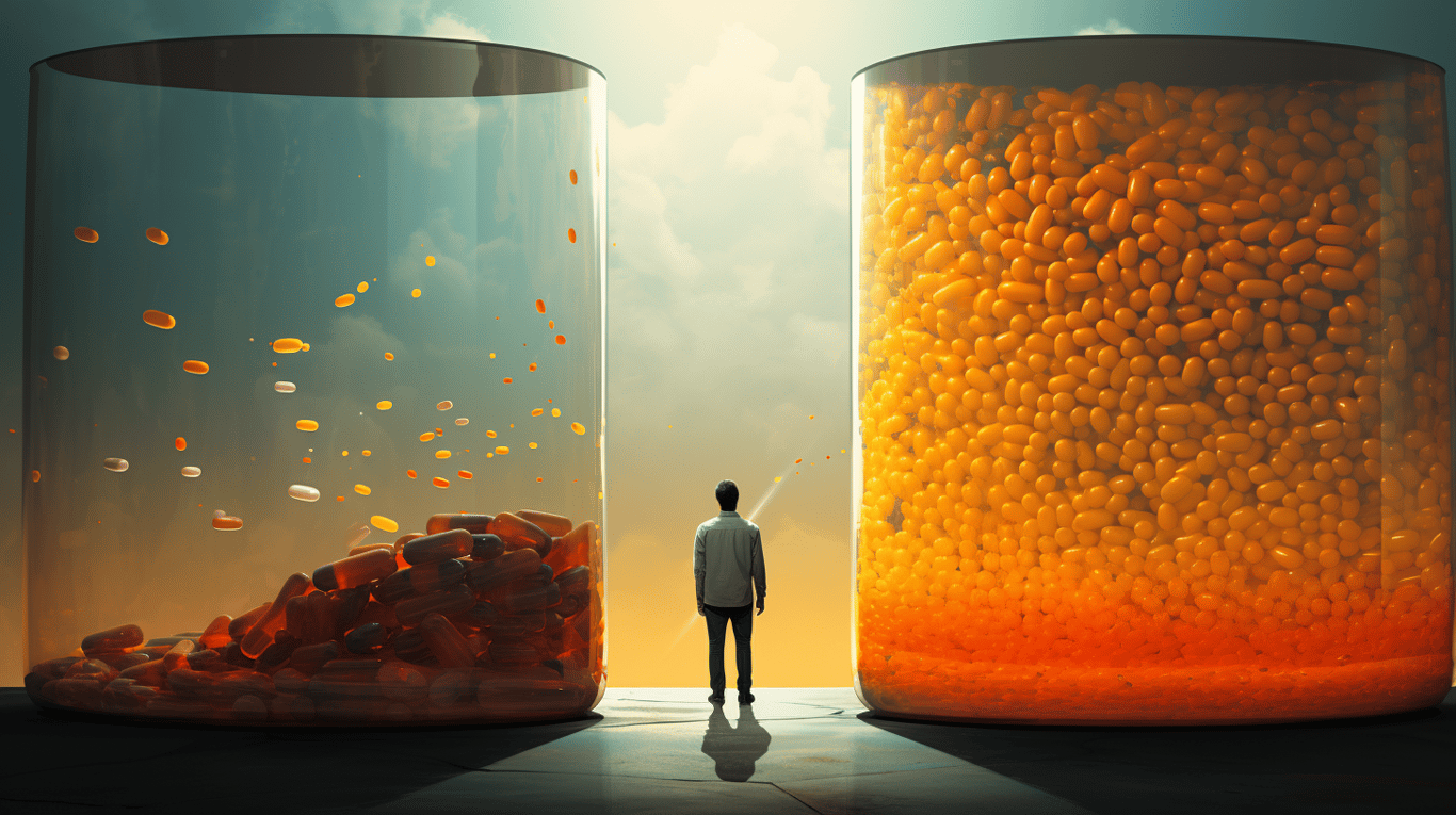 abstract image of a researcher studying a bottle of drug.