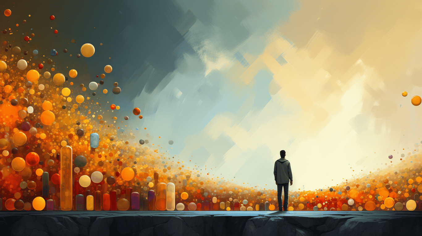 abstract image of a researcher studying a bottle of drug.