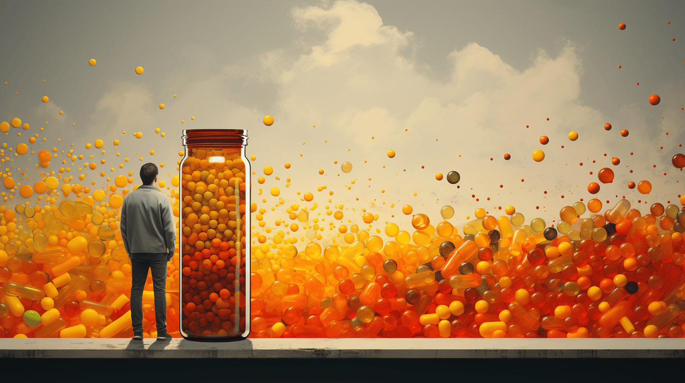 abstract image of a researcher studying a bottle of drug.