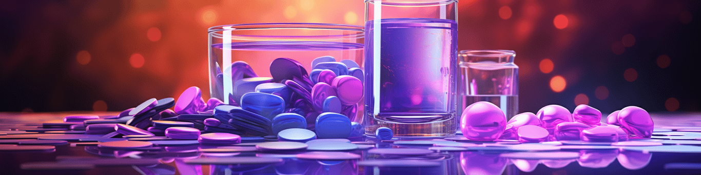 image of drug pills surrounding a glass of water symbolizing drug consumption