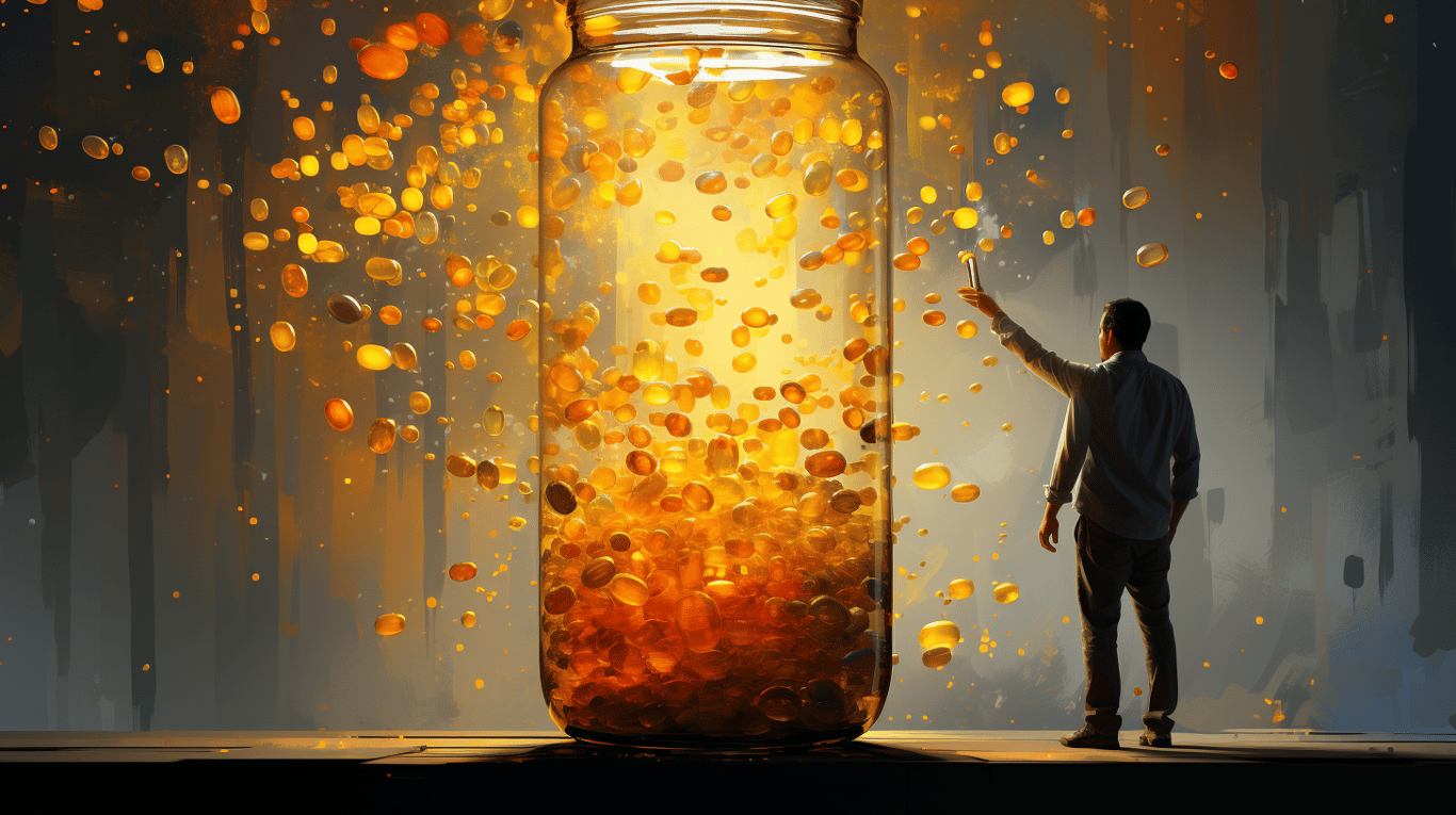 abstract image of a researcher studying a bottle of drug.