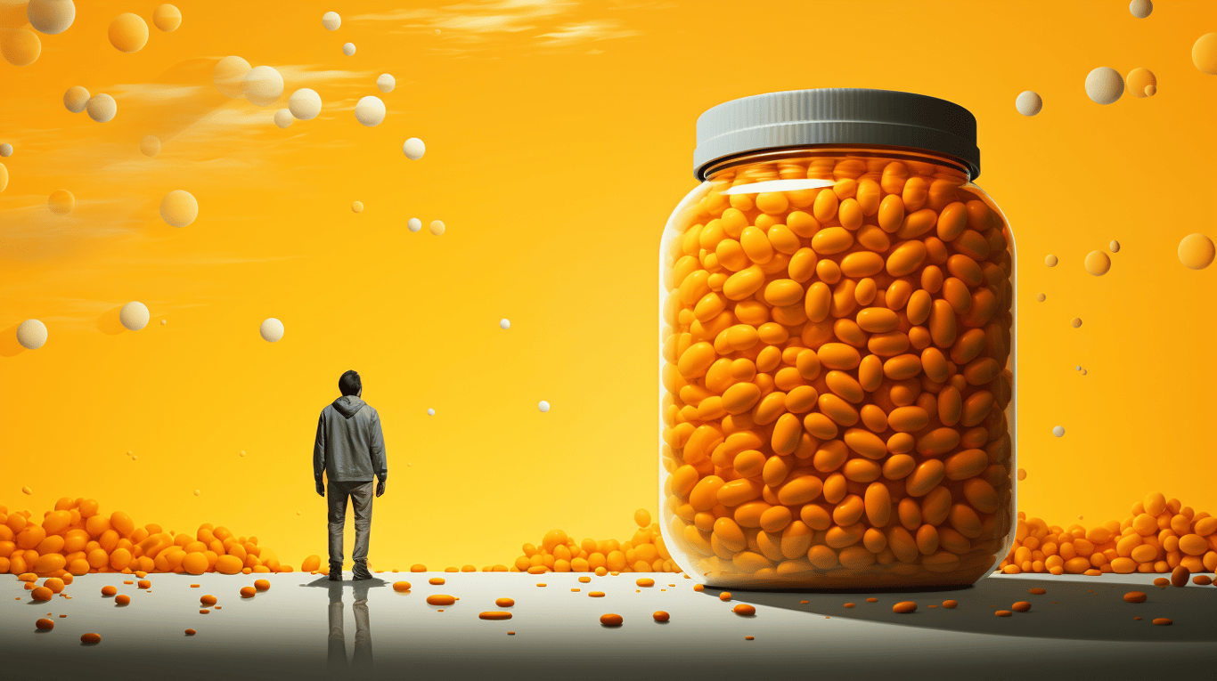 abstract image of a researcher studying a bottle of drug.