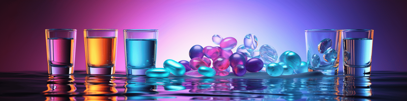 image of drug pills surrounding a glass of water symbolizing drug consumption