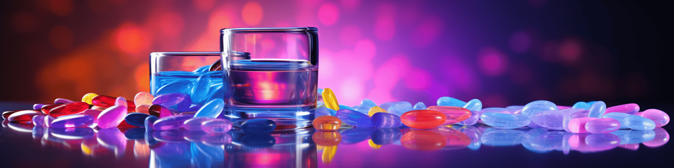 image of drug pills surrounding a glass of water symbolizing drug consumption