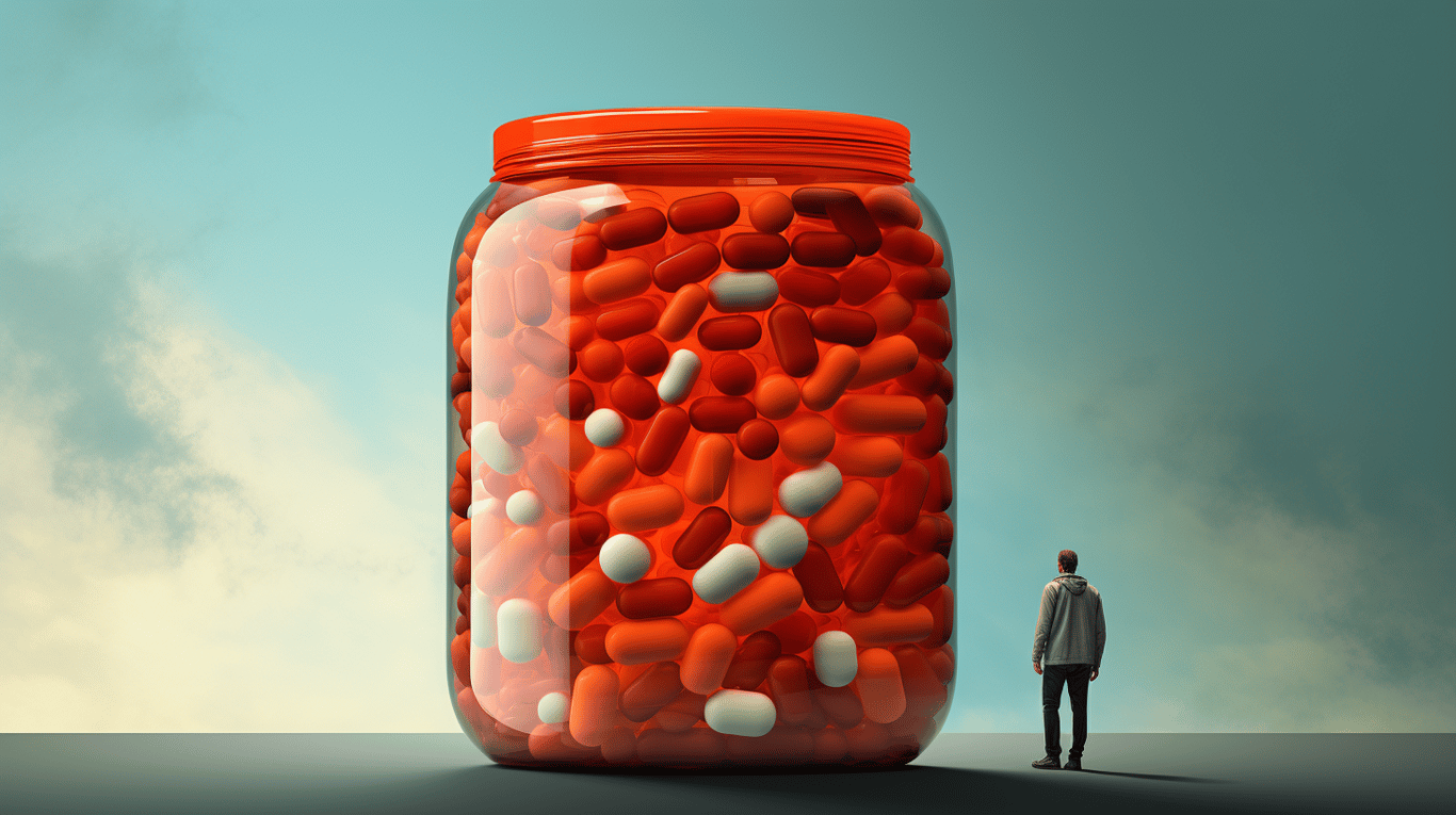 abstract image of a researcher studying a bottle of drug.