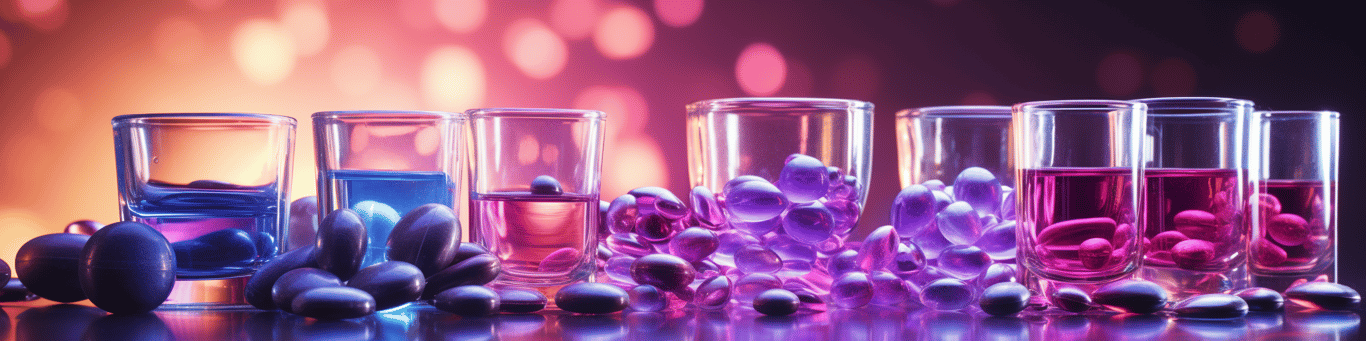 image of drug pills surrounding a glass of water symbolizing drug consumption