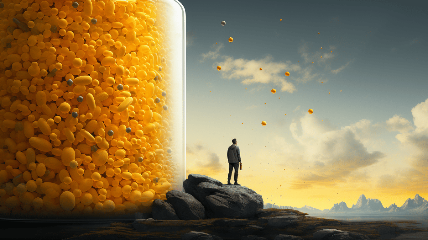 abstract image of a researcher studying a bottle of drug.