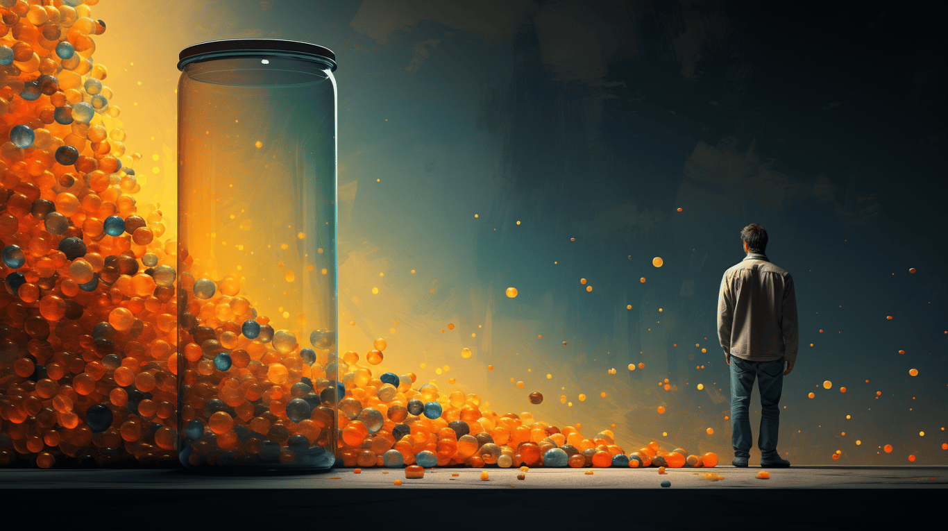 abstract image of a researcher studying a bottle of drug.